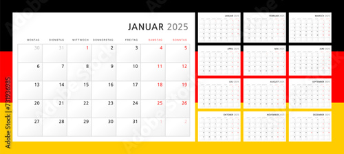 Calendar 2025 in German. Wall quarterly calendar for 2024 in a classic minimalist style. Week starts on Monday. Set of 12 months. Corporate Planner Template. A4 format horizontal. Vector graphics