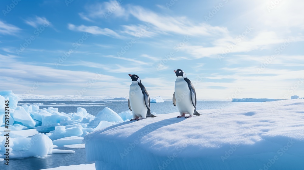 Obraz premium Professional photograph of penguins standing on floating ice sheet in the arctic ocean.