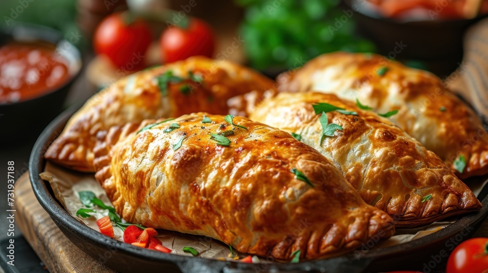 a close up of some tasty looking pastries on a plate with tomatoes and ketchup in the background. a close up of some tasty looking pastries on a plate with tomatoes and ketchup in the background.