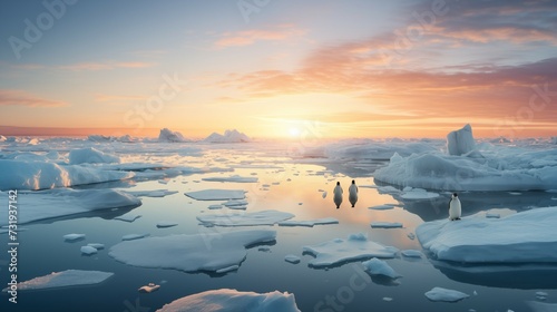 Professional photograph of penguins standing on floating ice sheet in the arctic ocean. © Meta