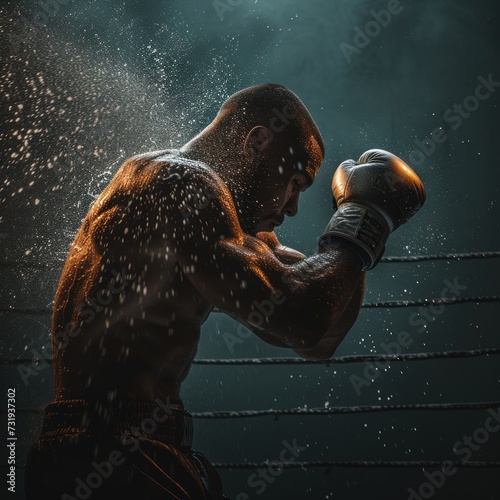 The silhouette of an international boxer throwing a straight punch inside a dark room  creating an atmosphere of mystery and intrigue.