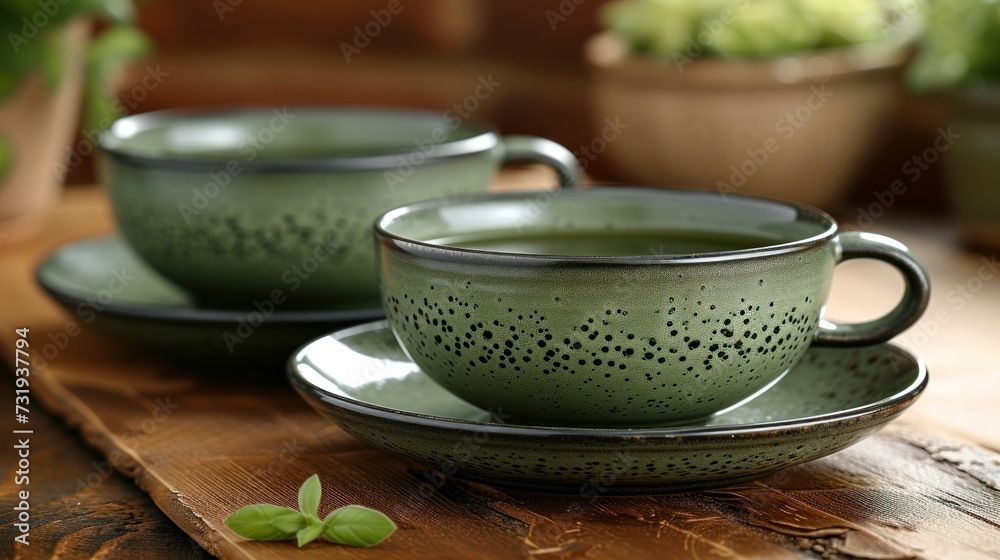 a close up of a cup and saucer on a table with a potted plant in the back ground. a close up of a cup and saucer on a table with a potted plant in the back ground.