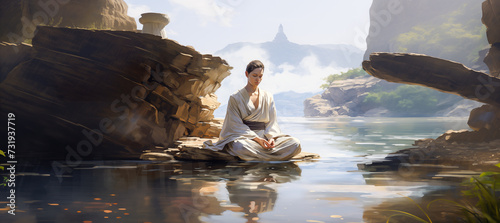 Ascetic monk meditating on a rock in the middle of the lagoon