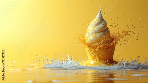 an ice cream cone is splashing out of the water on a yellow background with a splash of water around it. photo