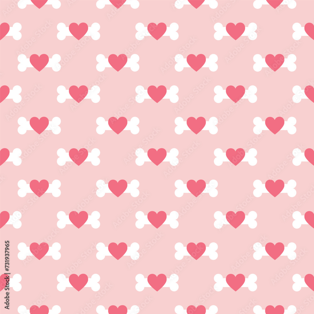 Pink seamless pattern of dog bones with hearts