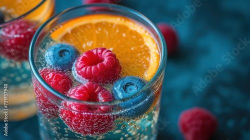 raspberries, oranges, and blueberries are in a glass of water on a blue tablecloth. photo