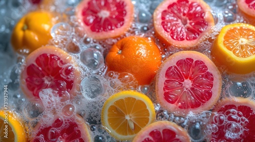 oranges, grapefruits, and grapefruits are being washed in a bath of water.