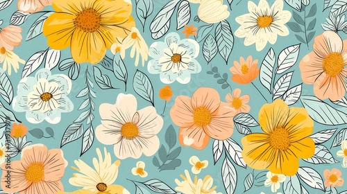 flower  doodle  seamless pattern  on green pastel background