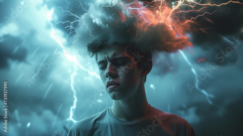 A young man with a dark cloud and lightning within his mind. Concept of depression and other mental illnesses