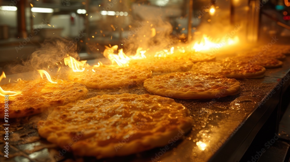 a row of pizzas sitting on top of a conveyor belt covered in lots of hot sauce and flames.