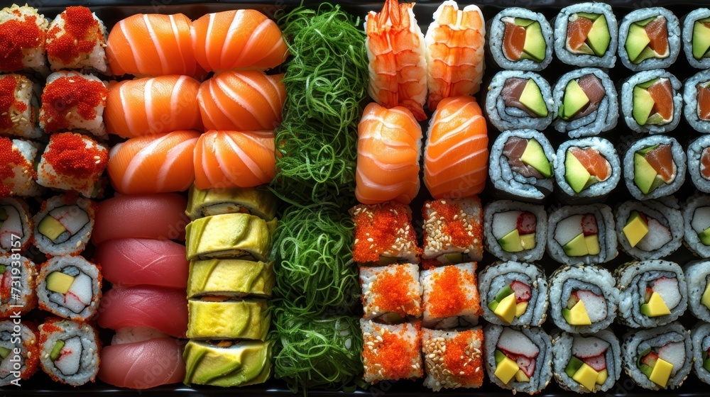 a close up of sushi and other food items in a tray with a variety of different types of sushi.
