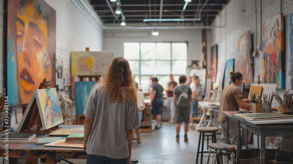 College art studio, with students immersed in various creative disciplines, colorful artworks, and inspiring studio spaces--perfect for projects centred around artistic expression