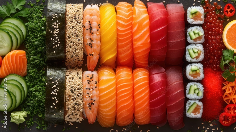 Obraz premium a variety of sushi arranged in a row on a black surface with oranges, cucumbers, and broccoli.