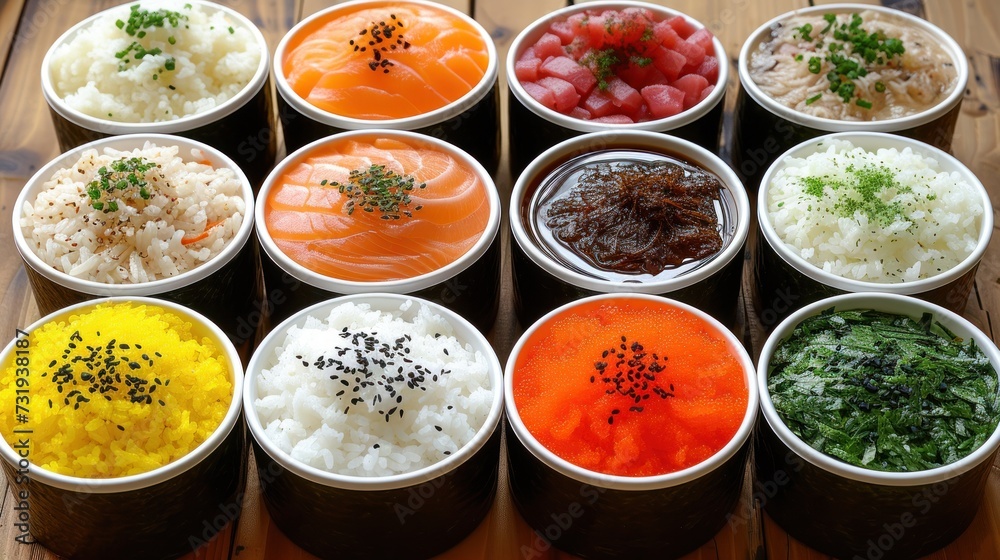 a wooden table topped with bowls filled with different types of rice and veggies on top of each other. a wooden table topped with bowls filled with different types of rice and veggies on top of each other.