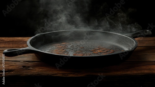 a frying pan on a wooden table with steam rising from the bottom of the frying pan and steam rising from the bottom of the frying pan.