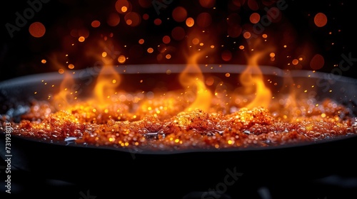 a close up of a frying pan on fire with lots of orange and yellow smoke coming out of it.