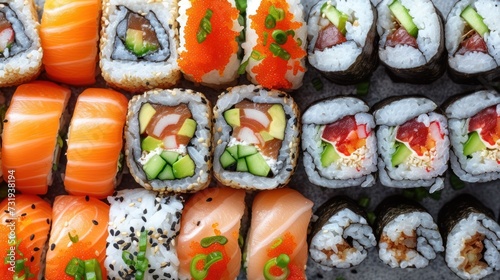 a close up of sushi rolls with cucumber, avocado, and salmon on top of it.