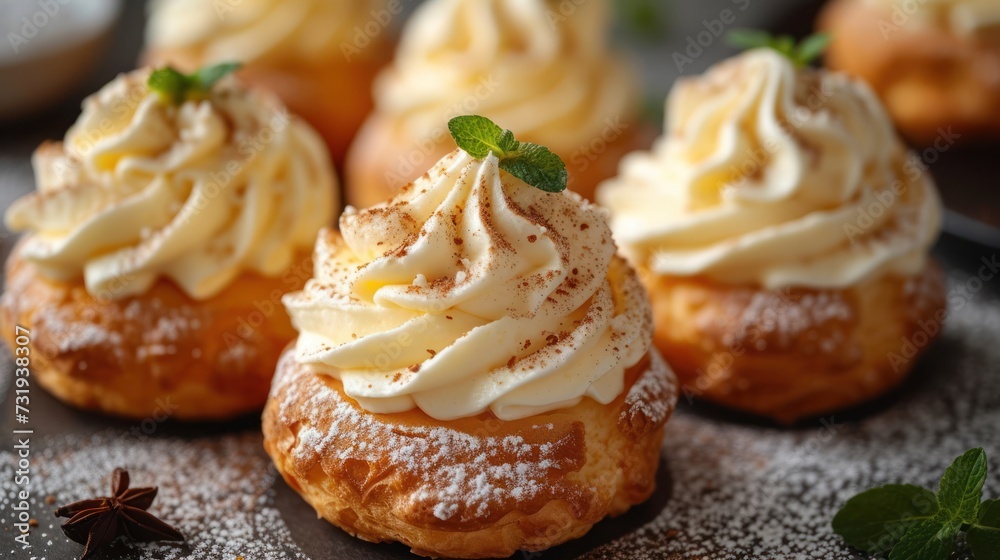 a close up of a plate of pastries with icing and a sprig of mint on top. a close up of a plate of pastries with icing and a sprig of mint on top.