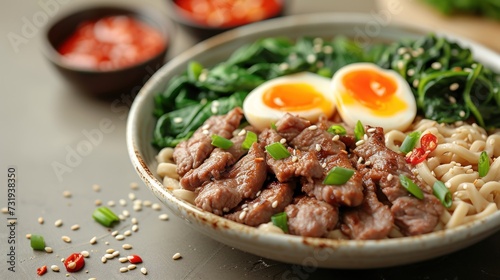 a close up of a bowl of food with meat, noodles and spinach and eggs on top of it.