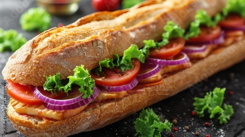 a sub sandwich with lettuce, tomato, and onion on a black surface next to lettuce and tomatoes.