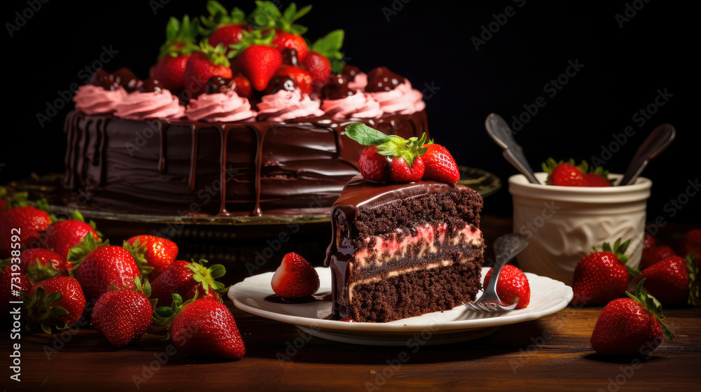 Deliciously handcrafted dessert, chocolate and strawberry cake, capturing the essence of indulgence and celebration