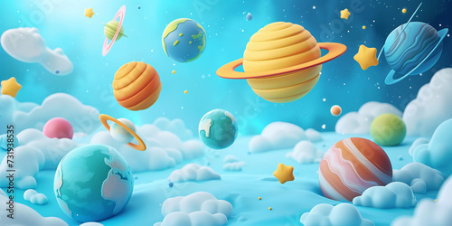 Bright colorful cute 3D planets in cartoon style flying