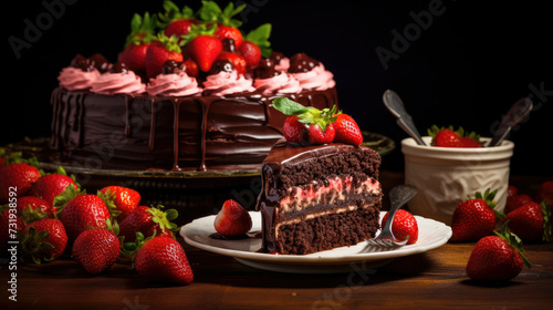 Deliciously handcrafted dessert, chocolate and strawberry cake, capturing the essence of indulgence and celebration © David