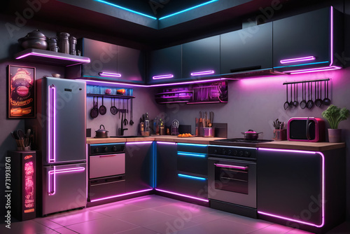 A modern black color kitchen in cyberpunk style, lit by vibrant neon lights, creating a sleek and futuristic culinary space. photo