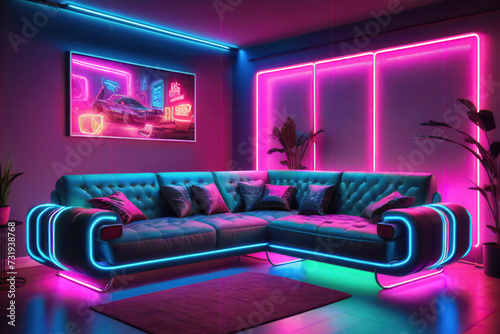 A cyberpunk living room with a chic sofa, bathed in the captivating glow of pink blue neon lights, offering a trendy and futuristic living space.