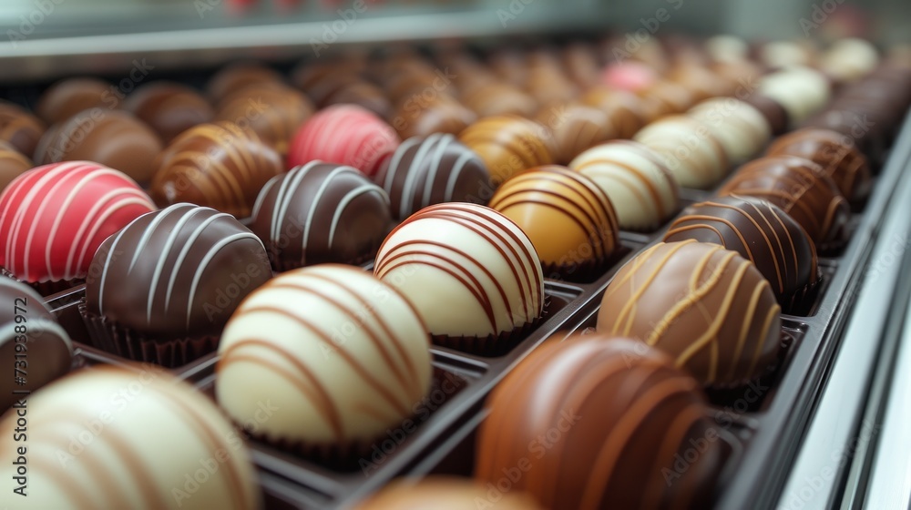 a close up of a tray of chocolates with different colors and sizes of chocolates on the side of the tray. a close up of a tray of chocolates with different colors and sizes of chocolates on the side of the tray.