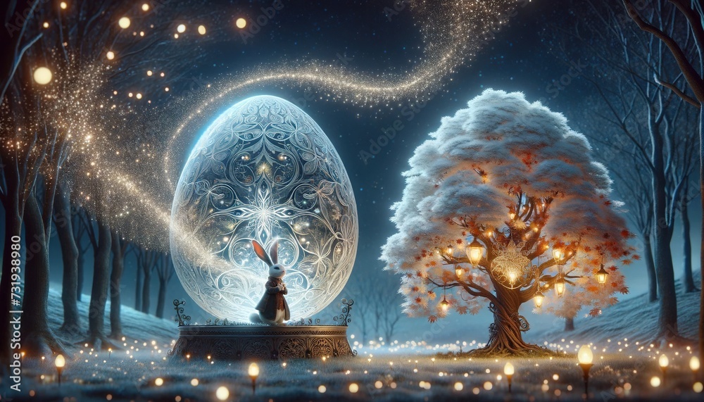 The rabbit and the magic glowing egg symbolize Easter Stock