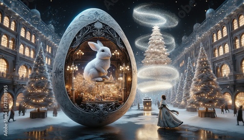 A large egg with a rabbit inside Referring to Easter and Christmas.