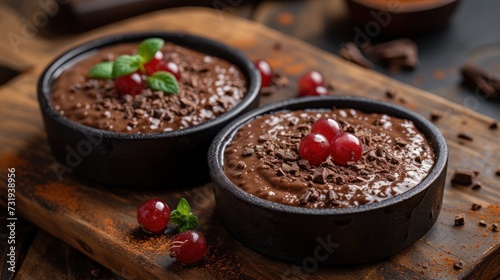 two bowls of chocolate pudding with cherries on a wooden cutting board next to chocolate chips and a glass of orange juice.