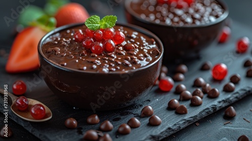 two bowls filled with chocolate pudding and garnished with cherries on a slate board with chocolate chips and strawberries.