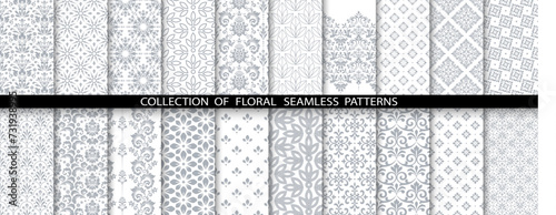 Geometric floral set of seamless patterns. White and gray vector backgrounds. Damask graphic ornaments