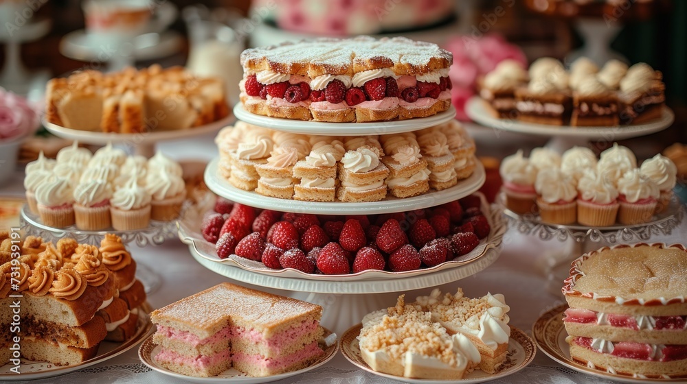 a table filled with lots of different types of cakes and desserts on top of cakes and cupcakes.