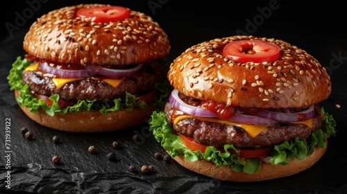 two hamburgers with cheese, lettuce, tomato and onion on a black surface with black speckles.