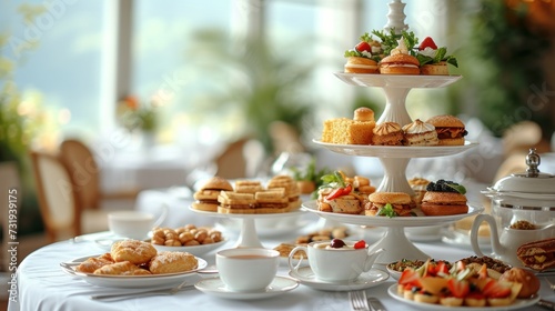 a white table topped with plates of food and cups of coffee and desserts on top of a white table cloth.