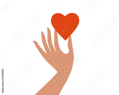 Human hand holding red heart shape. Charity, donation, volunteer work, sharing love concept. Giving helping hand or donate for needy. Social care poster, design element. Big love vector illustration