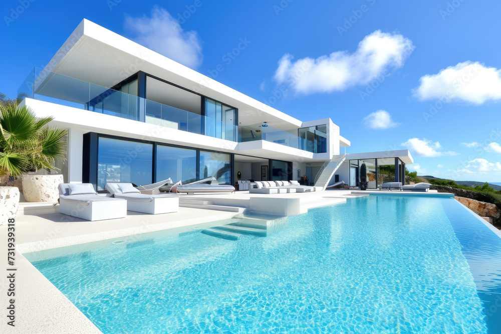 Fototapeta premium Modern luxury backyard with swimming pool in new white house