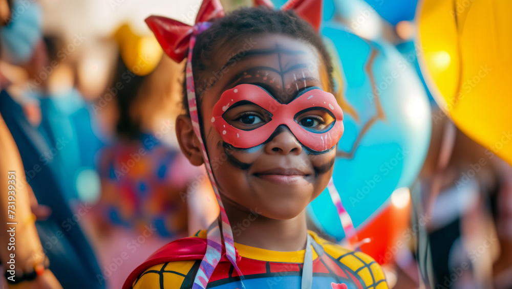 A lively children's carnival at a community center features laughter, vibrant costumes, face-painted smiles, treats, and dancing to upbeat tunes, creating an enchanting celebration A lively children's carnival at a community center features laughter, vibrant costumes, face-painted smiles, treats, and dancing to upbeat tunes, creating an enchanting celebration