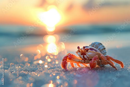 Hermit crab walking on the sand in the morning or sunset. Cute Hermit Crab.