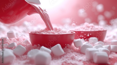 a red bowl filled with marshmallows next to a red bowl filled with white marshmallows. photo