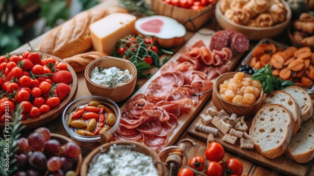 a wooden table topped with lots of different types of meats and cheeses next to bowls of fruit and veggies. a wooden table topped with lots of different types of meats and cheeses next to bowls of fruit and veggies.