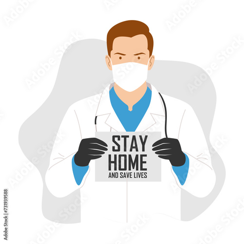 Doctors  holding poster  staying at home. Vector image