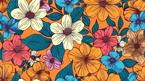 flower, doodle, seamless pattern on orange background. Generative Ai © Passtudio