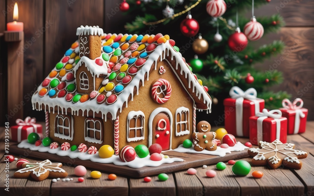 Christmas gingerbread house decorated with candies and glaze on wooden table 