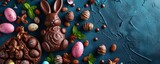 Chocolate Easter bunny for children with different small sweets nearby for Easter celebration day, banner with copyspace	
