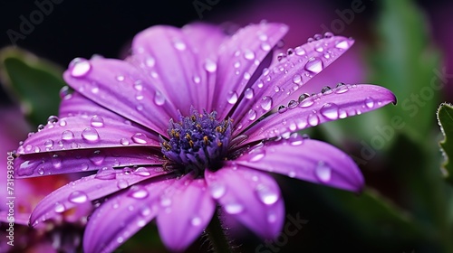 Beautiful purple flowers with drop of morning dew. Vibrant purple flower with sun flare for nature and beauty concept background.