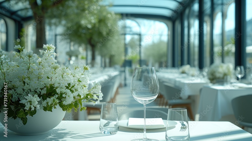 a white table topped with a vase filled with white flowers next to two wine glasses and a vase filled with white flowers.